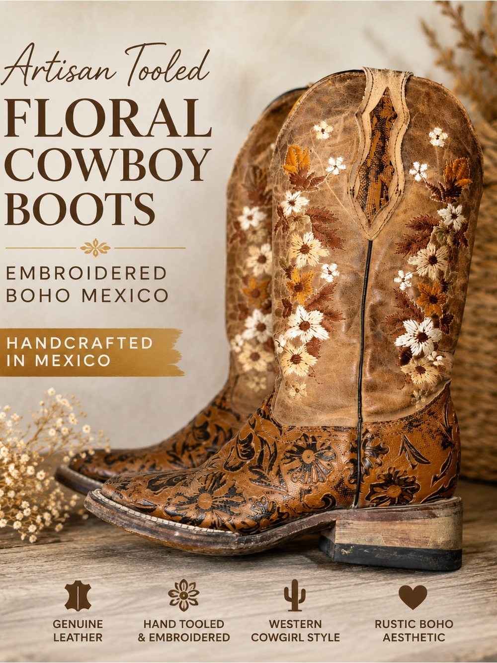 Artisan Tooled Leather Floral Cowboy Boots Embroidered Boho Mexico